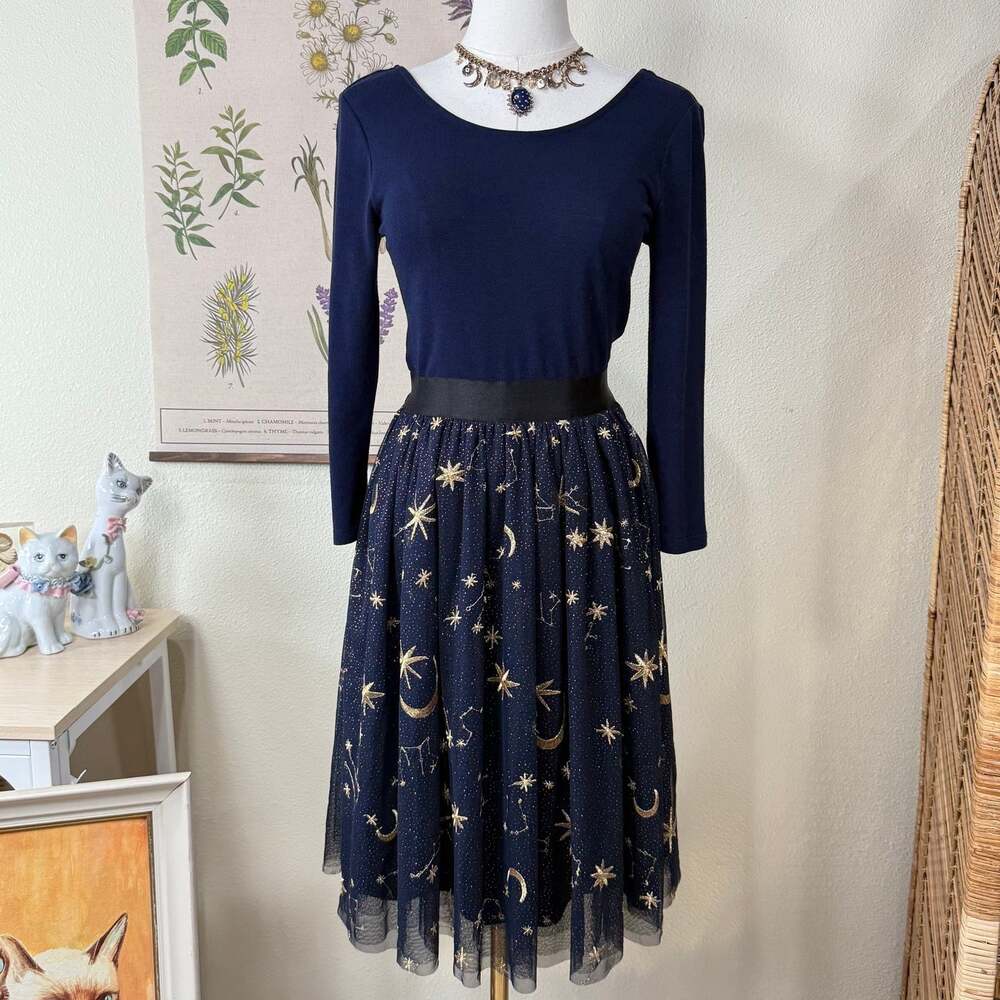 ModCloth Celestial Embroidered Metallic Dress Whimsy Twee Whimsigoth Witchy S